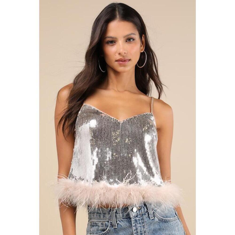Lulus Perfectly Glowing Champagne Sequin Feather Cami Top Gold - Size L